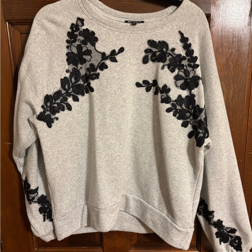 Express Light Gray Top with Black Embroidery